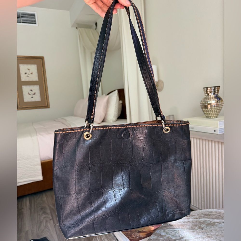 Plinio Visona vintage Black Croc-Embossed genuine Italy leather Shoulder Tote